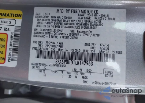 2020 Ford Fusion Se from USA, damaged, VIN 3FA6P0HD1LR142963